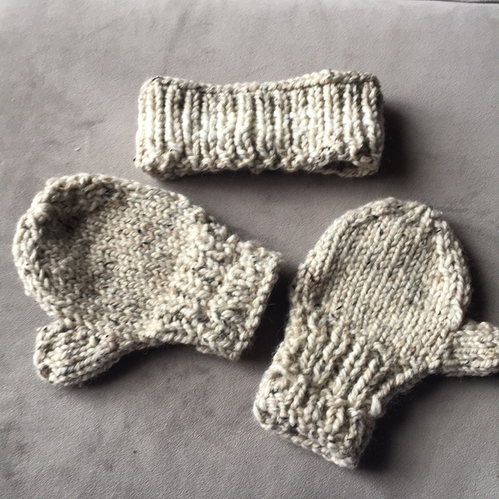 handmade beige mittens with ear warmer